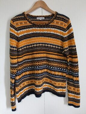 Marie Claire Fair Isle Knit Crewneck Mustard Black Nordic Fall Winter Sweater XL